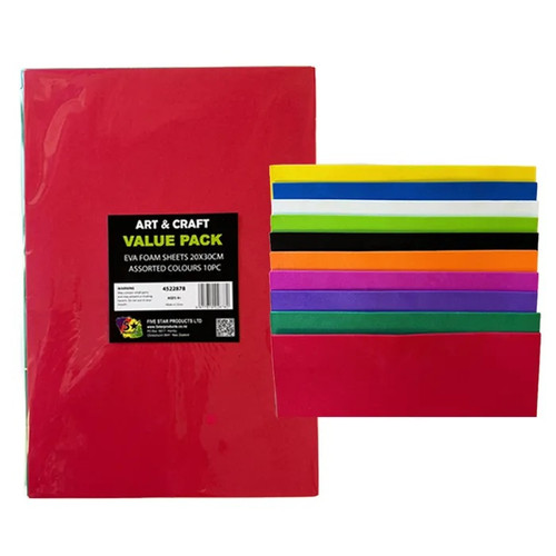 EVA FOAM SHEETS 20X30CM ASSORTED COLOURS PKT 10