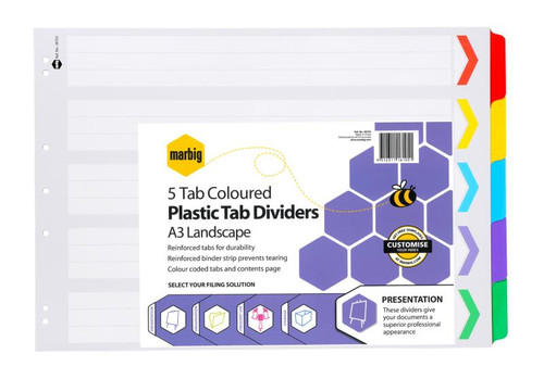 A3 COLOURED PLASTIC DIVIDERS, 5 TAB LANDSCAPE