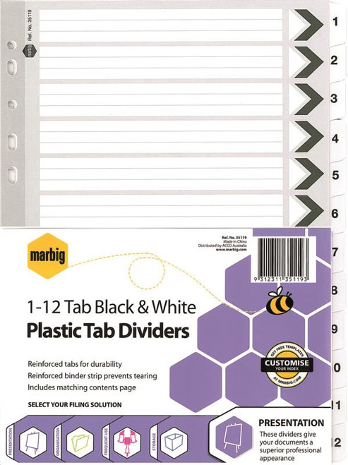 A4 BLACK & WHITE PLASTIC DIVIDERS, 1-12 TAB