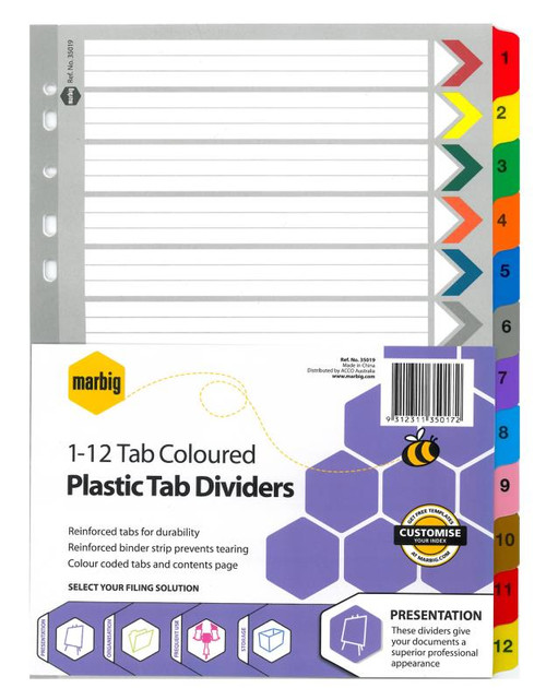 A4 COLOURED PLASTIC DIVIDERS, 1-12 TAB