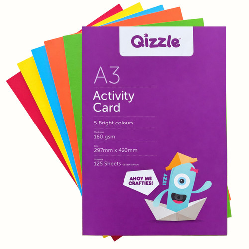 A3 QIZZLE BRIGHT COLOURED CARD PACK 160GSM, 125 SHEETS