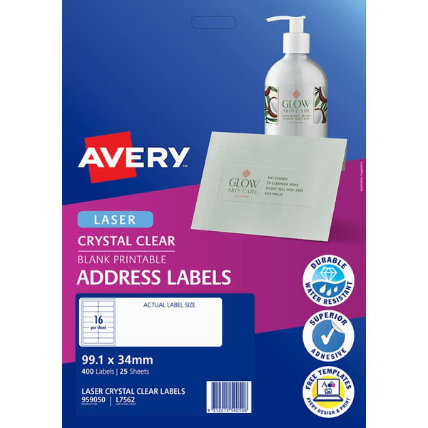 AVERY L7562 CLEAR LASER LABELS, PKT25