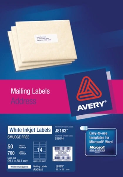 AVERY INKJET LABELS J8163, PKT 50