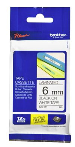 BROTHER TZ211 6MM BLACK ON WHITE TAPE