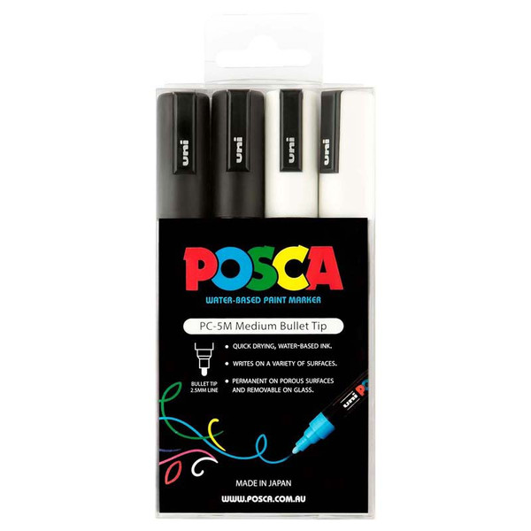 UNI POSCA MARKER PACK BLACK/WHITE PKT 4 UNI POSCA MARKER PACK BLACK/WHITE PKT 4