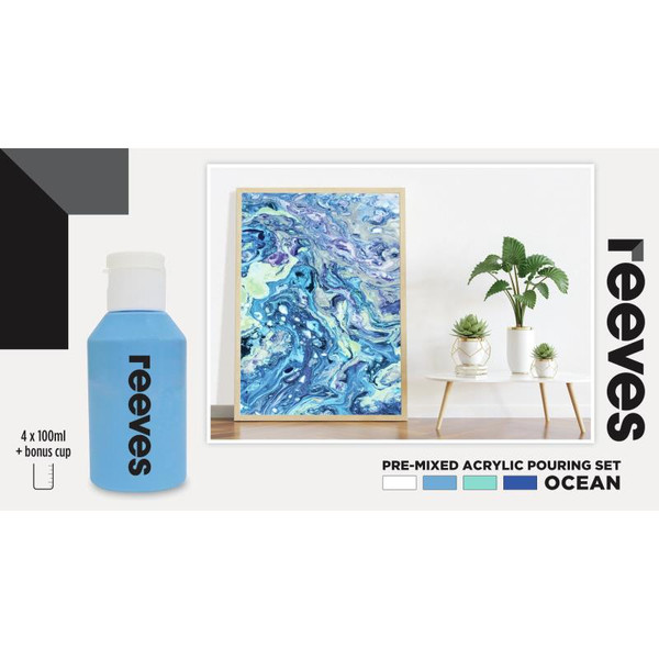 REEVES PRE-MIXED ACRYLIC POUR 100ML SET 4 OCEAN