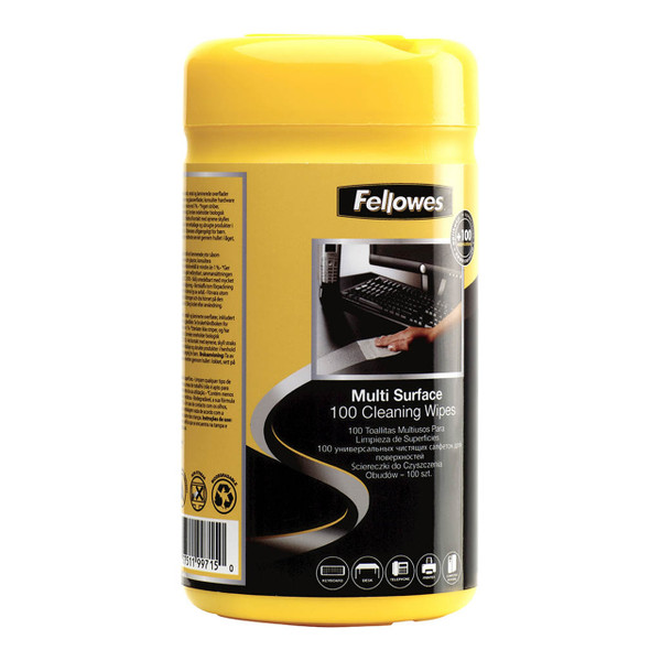 FELLOWES SURFACE CLEANING WIPES, TUB 100