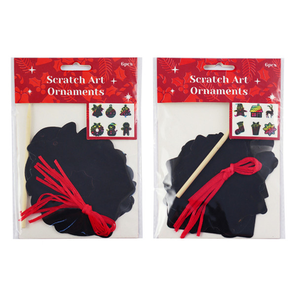 XMAS SCRATCH ART ORNAMENTS, PKT 6 XMAS SCRATCH ART ORNAMENTS, PKT 6