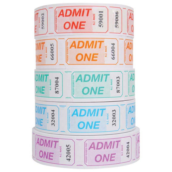ADMIT ONE TICKETS, ROLL OF 1000 (ASSORTED COLOURS)