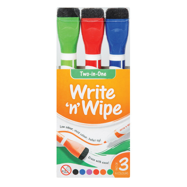 WRITE N WIPE 2 IN 1 WHITEBOARD MARKERS 3 PACK 6 COLOURS