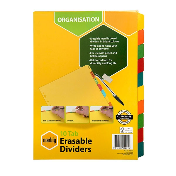 MARBIG A4 10 TAB DIVIDER WITH ERASEABLE TABS