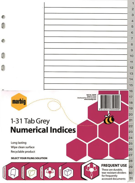 A4 POLYPROPYLENE NUMERICAL INDICES, 1-31 TAB