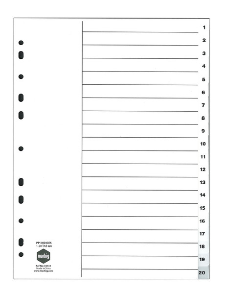 A4 POLYPROPYLENE NUMERICAL INDICES, 1-20 TAB (WHITE)