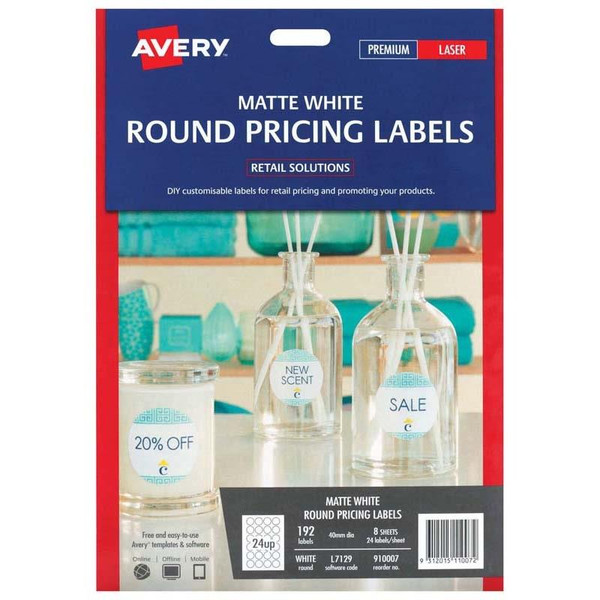 AVERY L7129 LABEL ROUND WHITE 40MM 24UP, PKT 8 SHEETS