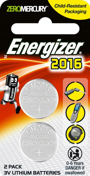 ENERGIZER CR2016 LITHIUM COIN BATTERY, PKT 2