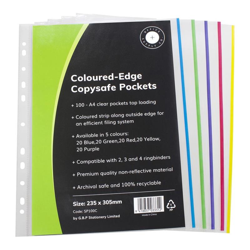 A4 COPYSAFE POCKETS ASSORTED COLOURS, PKT 100