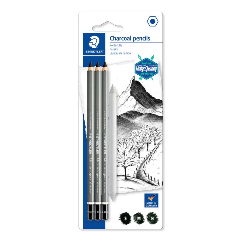 STAEDTLER CHARCOAL PENCILS PKT 3 + BLENDING STUMP