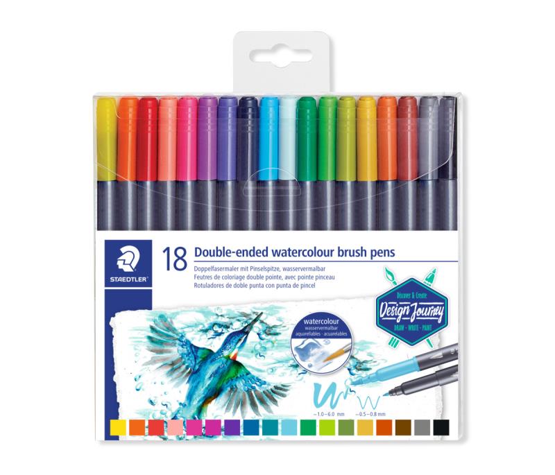 STAEDTLER DESIGN JOURNEY DOUBLE ENDED WATERCOLOUR BRUSH PENS, PKT 18