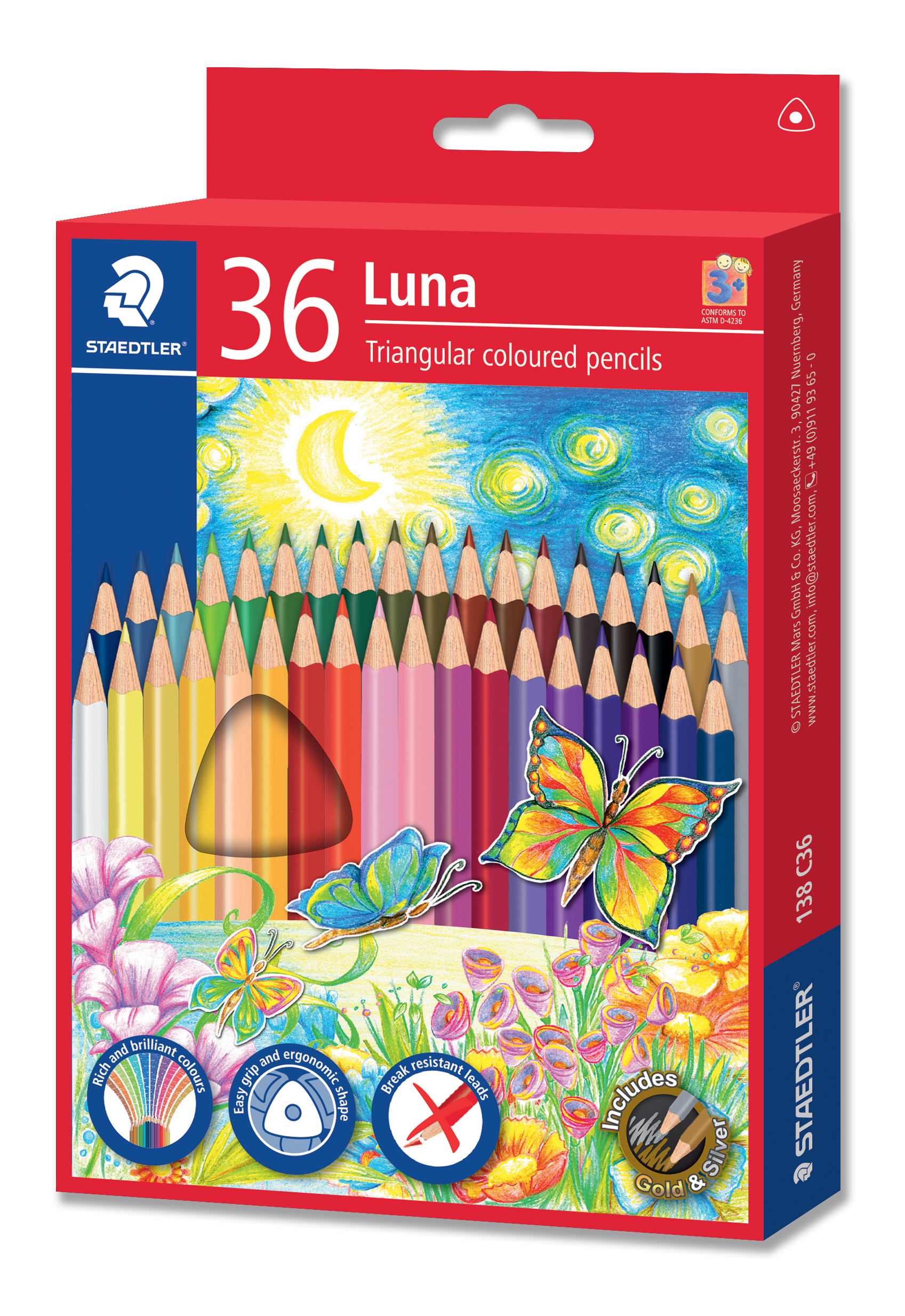 STAEDTLER LUNA TRIANGULAR COLOURED PENCILS, PKT 36