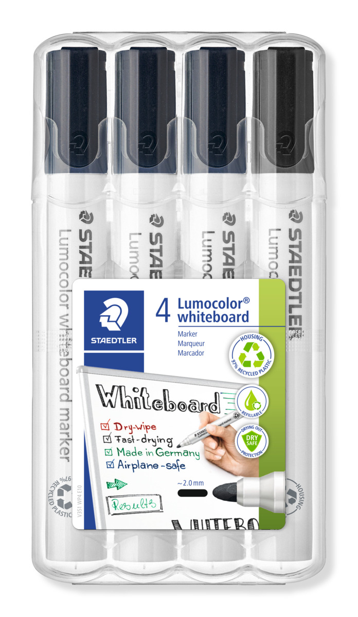 STAEDTLER LUMOCOLOR WHITEBOARD MARKERS BULLET, PKT 4 (BLACK)