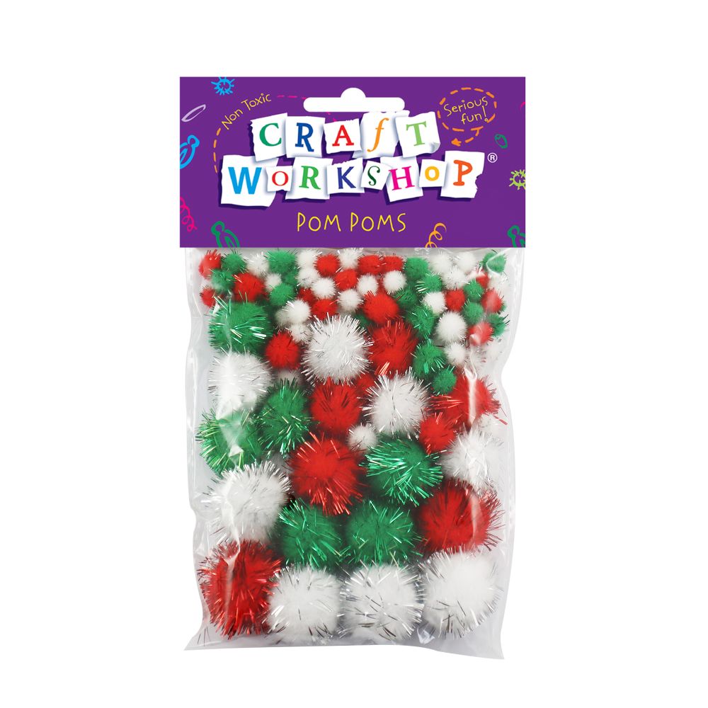 CRAFT GLITTER POM POMS 5-25MM X 100PCS