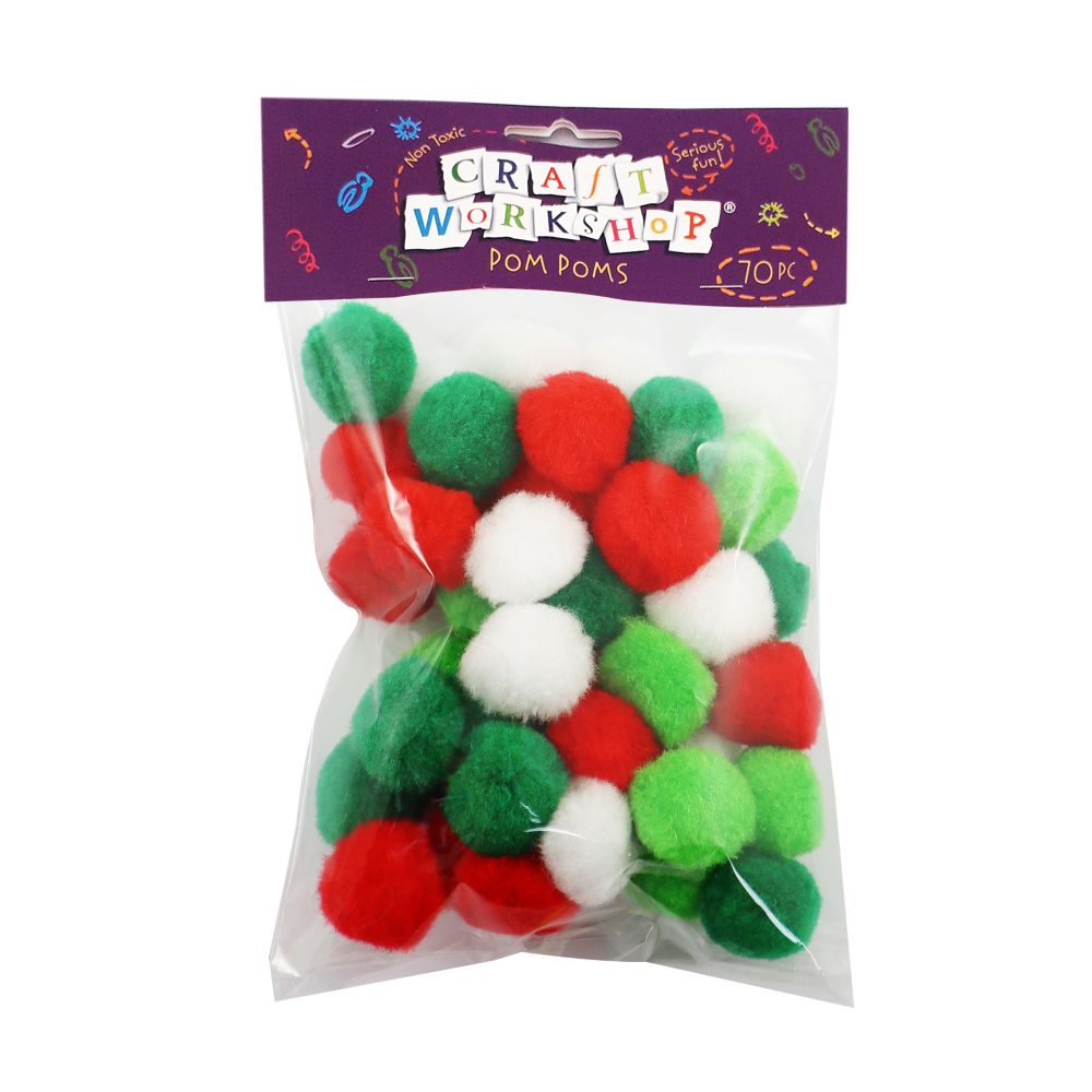 CRAFT POM POMS RED GREEN WHITE 30MM X 70PCS