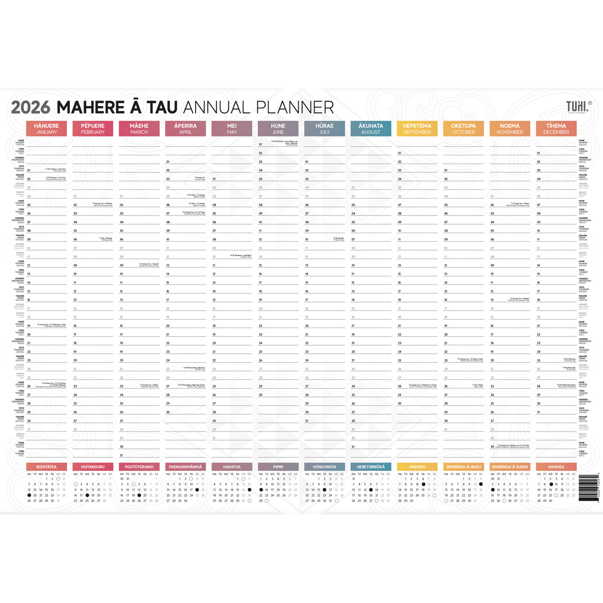 TUHI WALL PLANNER A2 UNLAMINATED BILINGUAL MAORI ENGLISH 2026