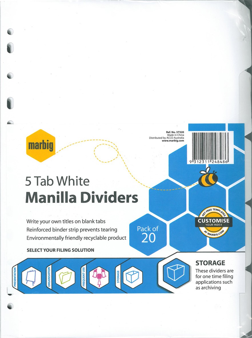 A4 MANILLA WHITE DIVIDERS, BULK PACK 20, 5 TAB
