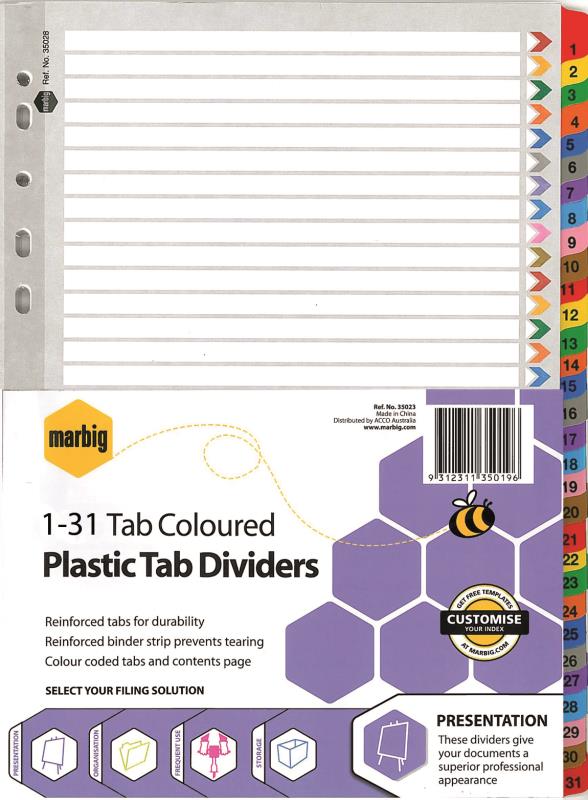 A4 COLOURED PLASTIC DIVIDERS, 1-31 TAB