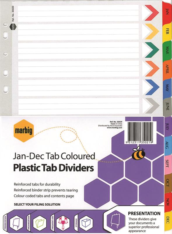 A4 COLOURED PLASTIC INDICES JAN - DEC
