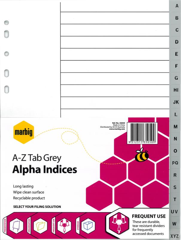 A4 POLYPROPYLENE ALPHA INDICES, A-Z (GREY)