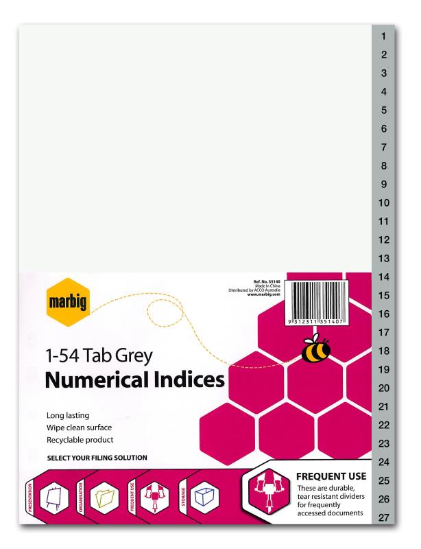 A4 POLYPROPYLENE NUMERICAL INDICES, 1-54 TAB (GREY)