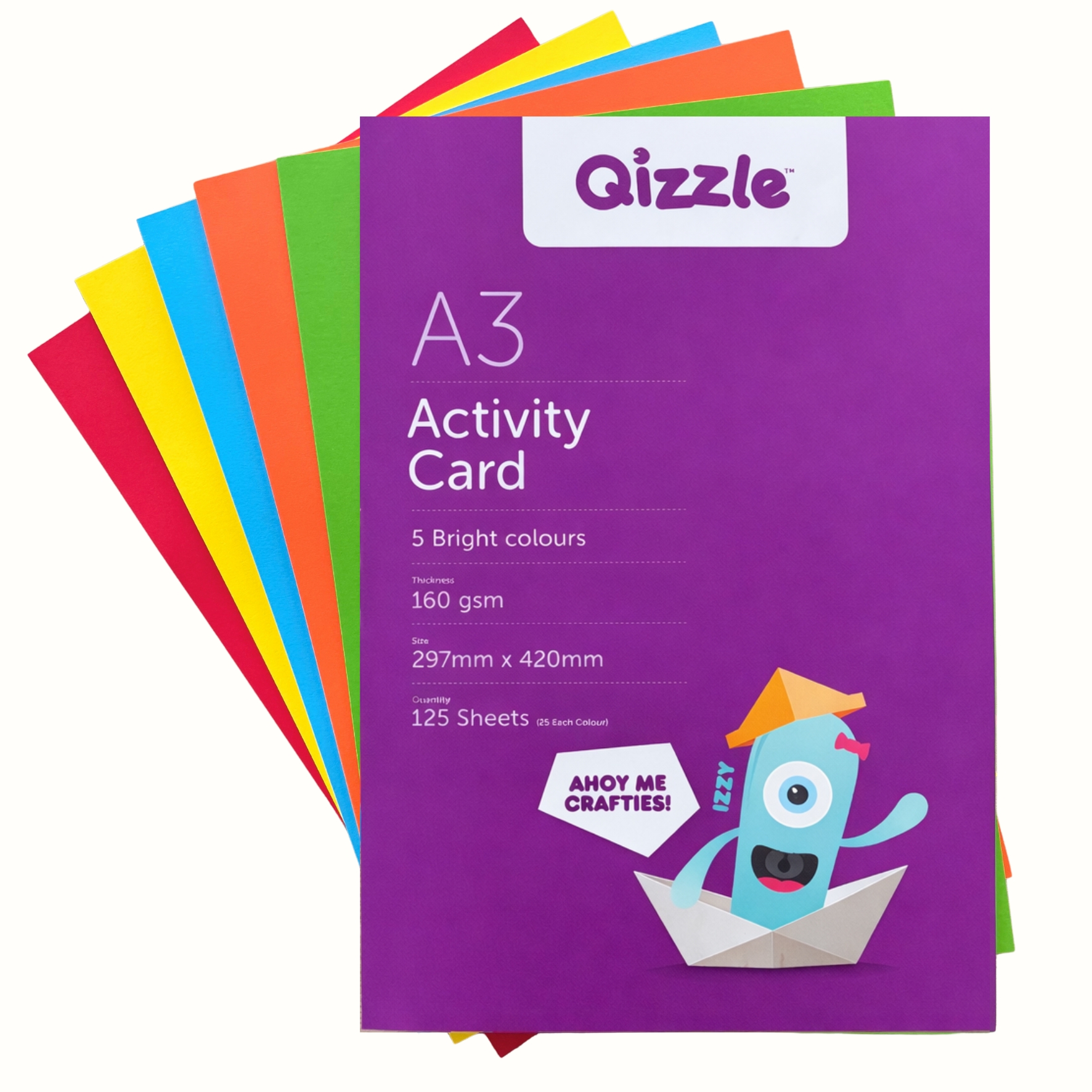 A3 QIZZLE BRIGHT COLOURED CARD PACK 160GSM, 125 SHEETS