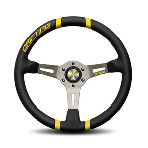 MOMO Drifting Steering Wheel (Yellow Inserts) - Black Leather (Street Series)