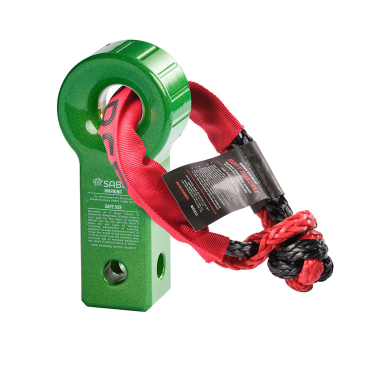 Saber 7075 Aluminium Rope Friendly Recovery Hitch - Green Prismatic & 9k Soft Shackle