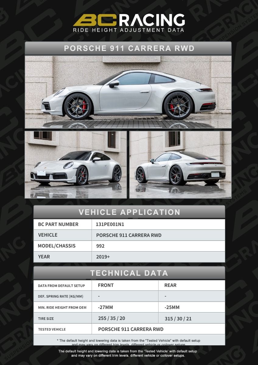 BC Racing Adjustable Spring Perch (ASP) Lowering Kit - Porsche 911 (992) Carrera RWD (2019+) BC Racing Adjustable Spring Perch (ASP) Lowering Kit - Porsche 911 (992) Carrera RWD (2019+)