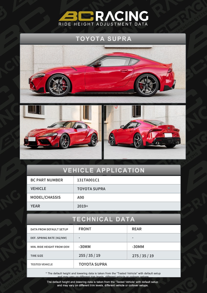 BC Racing Adjustable Spring Perch (ASP) Lowering Kit - Toyota Supra (A90) 2019+ with Camber Plates BC Racing Adjustable Spring Perch (ASP) Lowering Kit - Toyota Supra (A90) 2019+ with Camber Plates