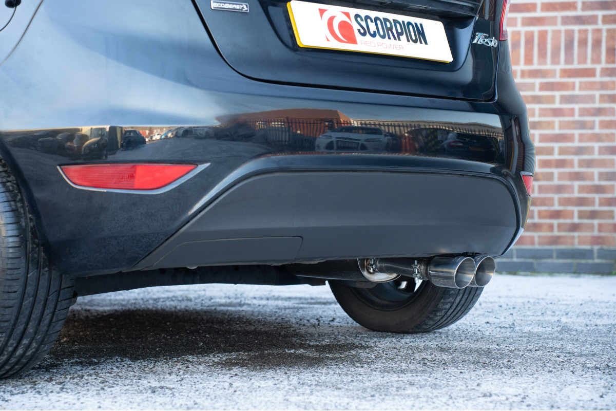 Scorpion Ford Fiesta MK7 1.0T EcoBoost Resonated Cat Back System with Polished Twin Daytona Tailpipe (Standard Rear Bumper) Scorpion Ford Fiesta MK7 1.0T EcoBoost Resonated Cat Back System with Polished Twin Daytona Tailpipe (Standard Rear Bumper)
