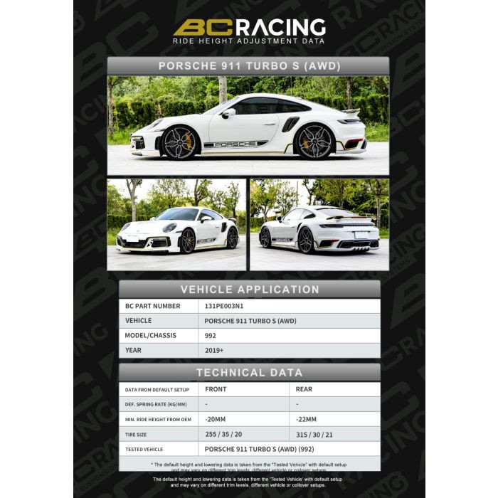 BC Racing Adjustable Spring Perch (ASP) Lowering Kit - Porsche 911 (992) Turbo S AWD (2019+) with Camber Plates BC Racing Adjustable Spring Perch (ASP) Lowering Kit - Porsche 911 (992) Turbo S AWD (2019+) with Camber Plates