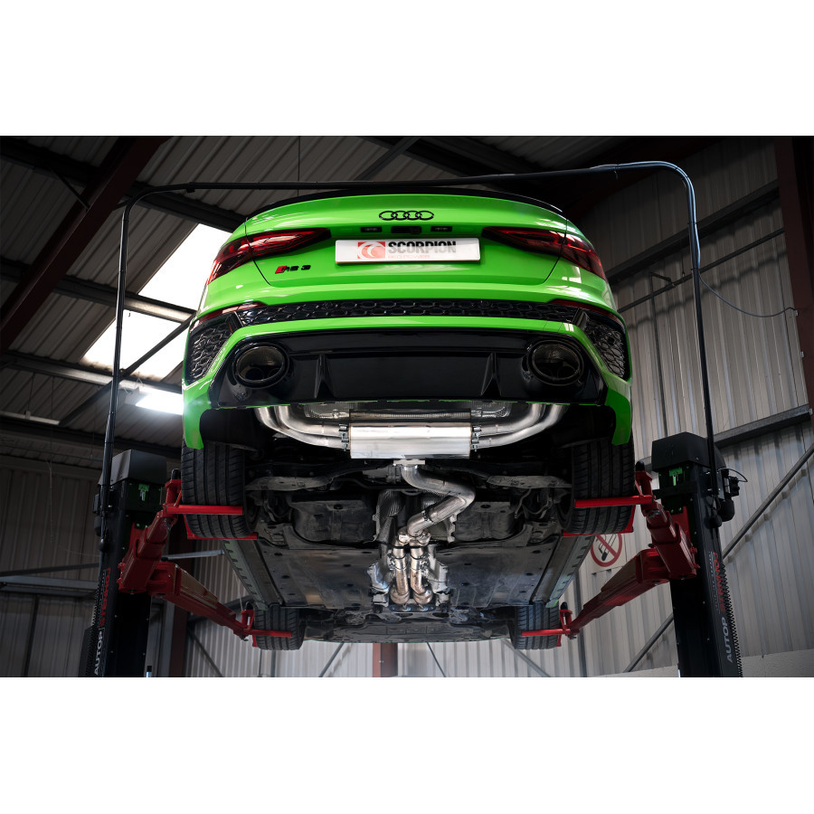 Scorpion Cat Back Non Resonated (Non Valved) Exhaust System 3.15" with Ascari Carbon Tailpipes for Audi RS3 8Y Saloon 2.5 TFSI | Non GPF Models ROW | 2021+ Scorpion Cat Back Non Resonated (Non Valved) Exhaust System 3.15" with Ascari Carbon Tailpipes for Audi RS3 8Y Saloon 2.5 TFSI | Non GPF Models ROW | 2021+