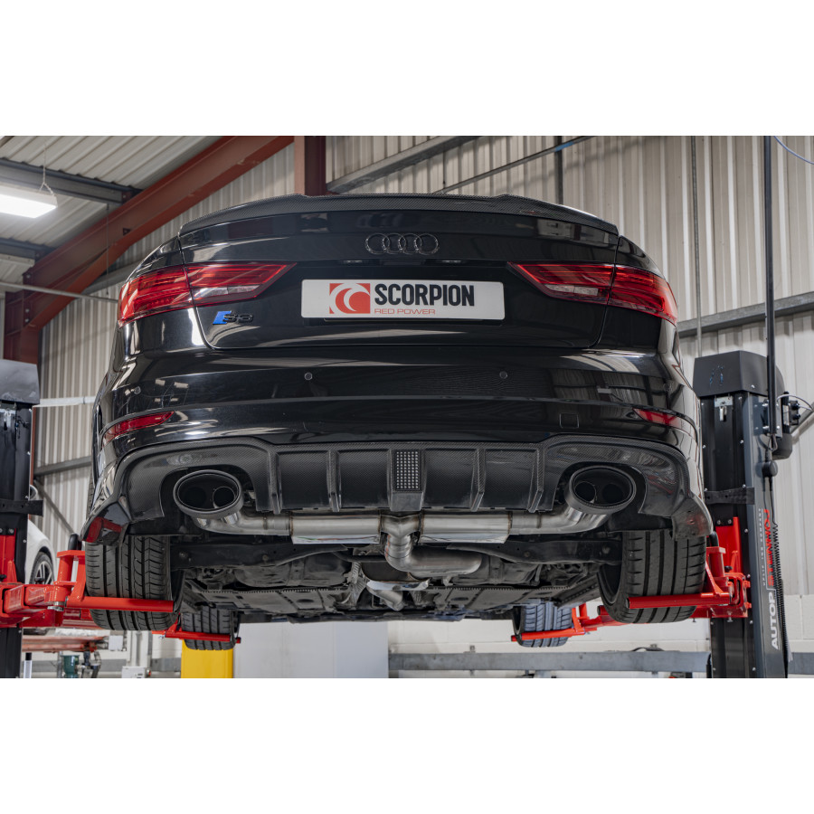 Scorpion Cat Back Resonated (Non Valved) Exhaust System 3.15" with Ascari EVO Carbon Fibre Tailpipes for Audi S3 2.0T (8V) | Saloon | 2013-2020 Pre-Facelift Scorpion Cat Back Resonated (Non Valved) Exhaust System 3.15" with Ascari EVO Carbon Fibre Tailpipes for Audi S3 2.0T (8V) | Saloon | 2013-2020 Pre-Facelift