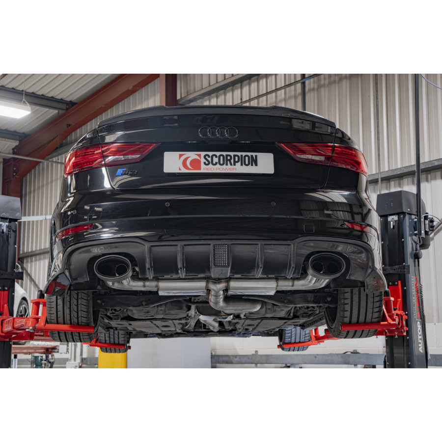 Scorpion Cat Back Resonated (Non Valved) Exhaust System 3.15" with Ascari EVO Carbon Fibre Tailpipes for Audi S3 2.0T (8V) Non GPF | Saloon | 2013-2020 Facelift Scorpion Cat Back Resonated (Non Valved) Exhaust System 3.15" with Ascari EVO Carbon Fibre Tailpipes for Audi S3 2.0T (8V) Non GPF | Saloon | 2013-2020 Facelift