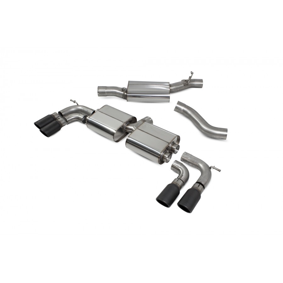 Scorpion Cat / GPF Back Resonated (Non Valved) Exhaust System 3.15" with Black Monaco Tailpipes for Volkswagen Golf R MK7.5 | 2017-2020 Scorpion Cat / GPF Back Resonated (Non Valved) Exhaust System 3.15" with Black Monaco Tailpipes for Volkswagen Golf R MK7.5 | 2017-2020