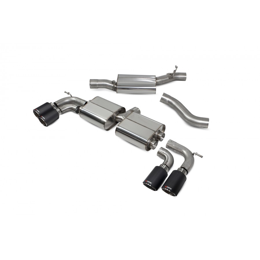 Scorpion Cat / GPF Back Resonated (Non Valved) Exhaust System 3.15" with Carbon Ascari Tailpipes for Volkswagen Golf R MK8 | 2021-2025 Scorpion Cat / GPF Back Resonated (Non Valved) Exhaust System 3.15" with Carbon Ascari Tailpipes for Volkswagen Golf R MK8 | 2021-2025