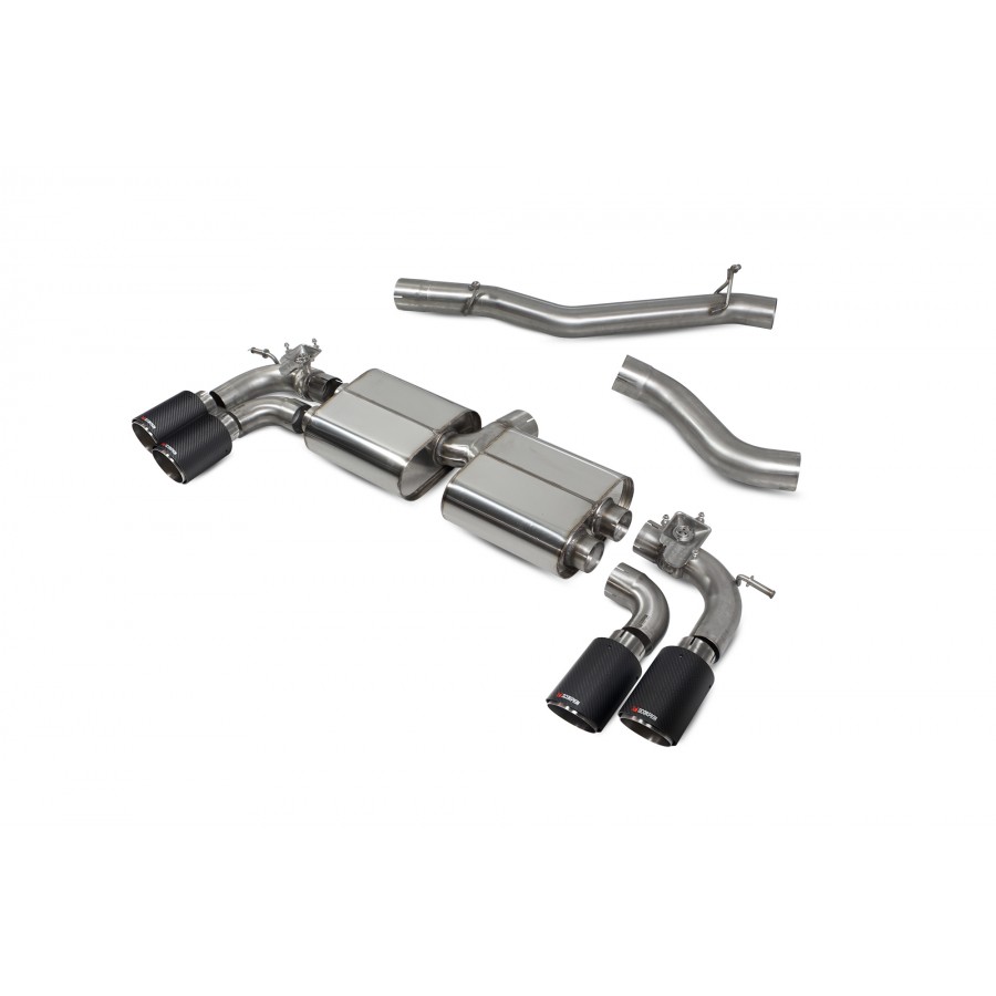 Scorpion Cat / GPF Back Non Resonated (Valved) Exhaust System 3.15" with Carbon Ascari Tailpipes for Volkswagen Golf R MK8 | 2021-2025 Scorpion Cat / GPF Back Non Resonated (Valved) Exhaust System 3.15" with Carbon Ascari Tailpipes for Volkswagen Golf R MK8 | 2021-2025
