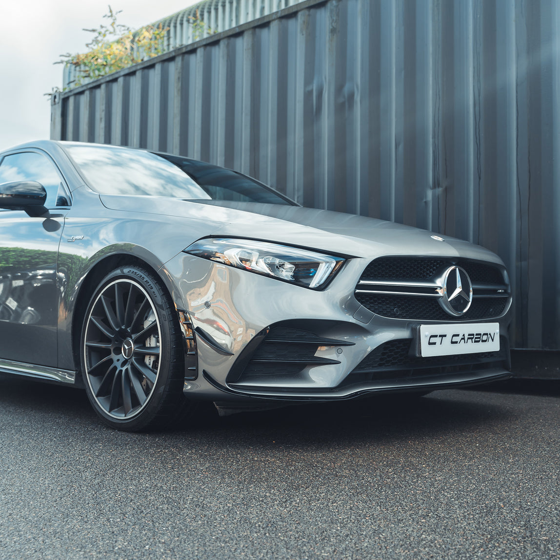 Mercedes A Class (V177 / W177) Gloss Black Splitter & Canards - BLAK By CT Carbon Mercedes A Class (V177 / W177) Gloss Black Splitter & Canards - BLAK By CT Carbon