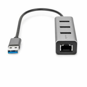 Rocstor Premium 3 Port Portable USB 3.0 Hub with Gigabit Ethernet 10/100/1000- External Portable 3 Port USB Hub with GbE Adapter - Built-In Cable - USB - 3 USB Port(s) - 1 Network (RJ-45) Port(s) - Black - PC, Mac USB 3 HUB & NETWORK ADAPTER - USB - 