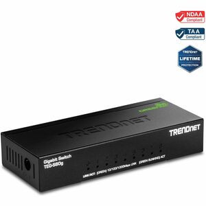 TRENDnet 8-Port Unmanaged Gigabit GREENnet Desktop Metal Switch, Fanless, 16Gbps Switching Capacity, Plug & Play, Network Ethernet Switch, Lifetime Protection, Black, TEG-S80G - 8-port Gigabit GREENnet Switch (Metal)