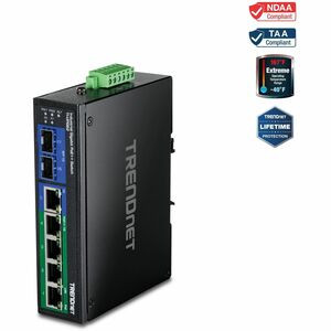 TRENDnet 6-Port Hardened Industrial Gigabit 10/100/1000 Mbps Ultra PoE DIN-Rail Switch; UPoE; IP30; DIN-Rail & Wall Mounts Included; Lifetime Protection; TI-UPG62 - 6-Port Hardened Industrial Gigabit PoE++ Switch