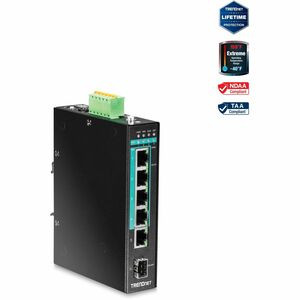 TRENDnet 5-Port Hardened Industrial Gigabit PoE+ DIN-Rail Switch, 120W Power Budget, 1 x SFP Slot, IP30 Rated, Unmanaged Switch, Gigabit PoE+ Network Switch, Lifetime Protection, Black, TI-PG541 - 5-port Hardened Industrial Gigabit PoE+ DIN-Rail Swit